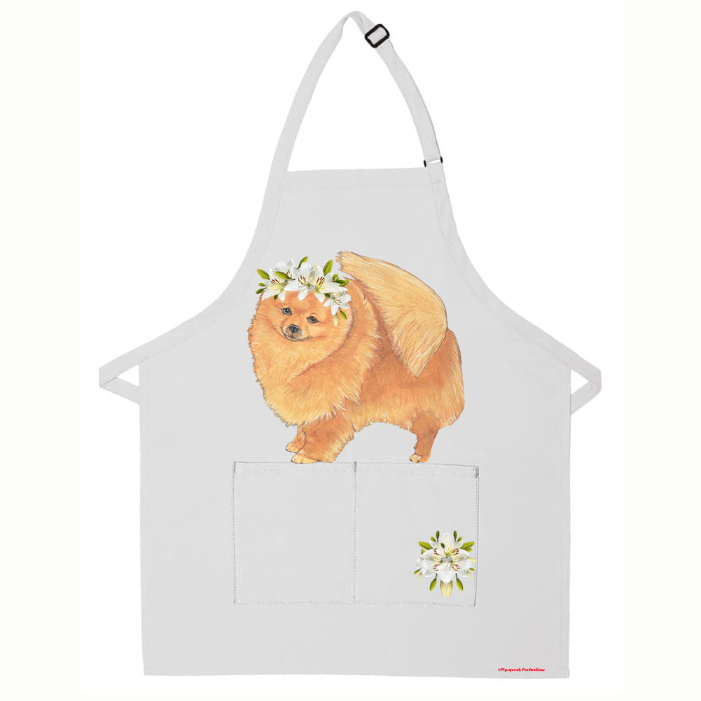 Pomeranian Floral Apron Two Pocket Bib Apron with Adj Neck - Pipsqueakproductions