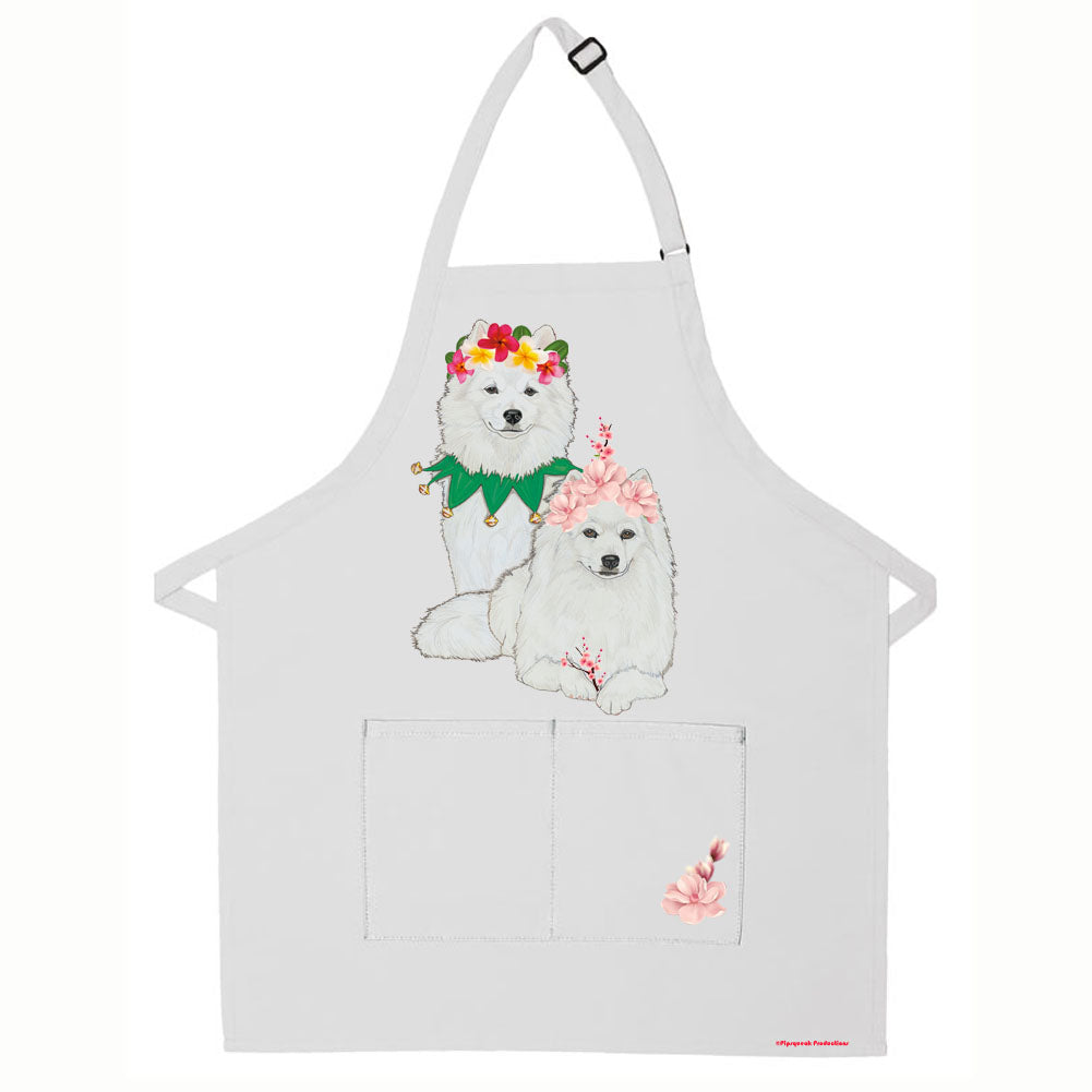 American Eskimo Eskie Floral Apron Two Pocket Bib Apron with Adj Neck - Pipsqueakproductions
