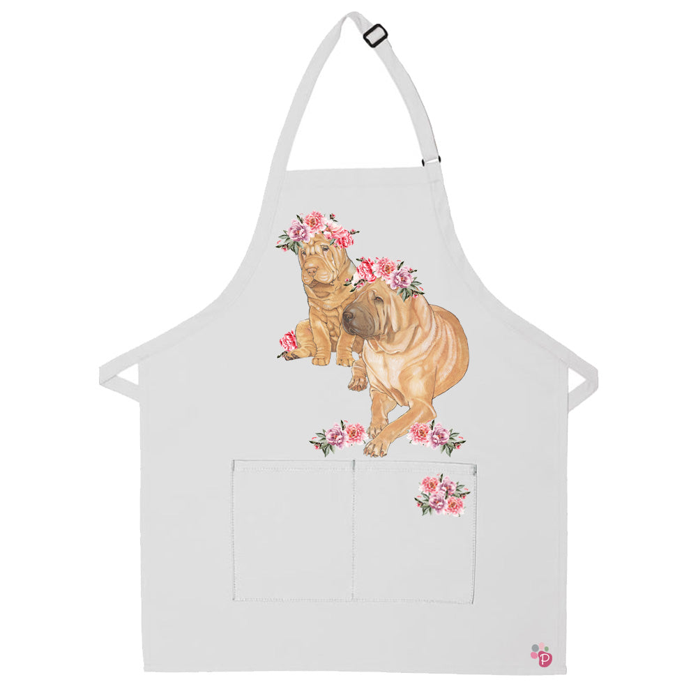 Shar Pei Chinese Floral Apron Two Pocket Bib Apron with Adj Neck - Pipsqueakproductions