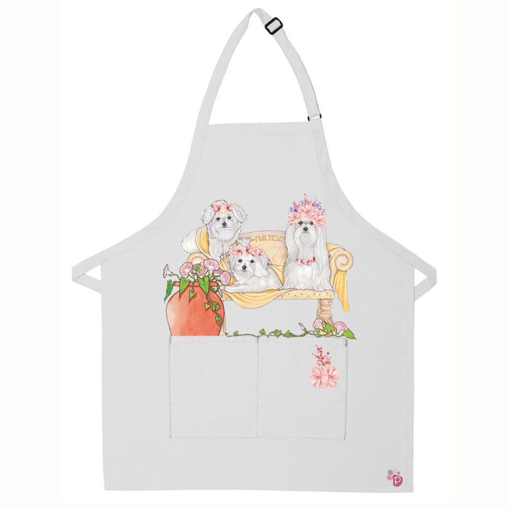 Maltese Floral Apron Two Pocket Bib Apron with Adj Neck - Pipsqueakproductions