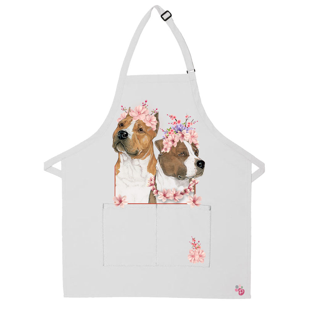 American Staffordshire Terrier Amstaff Floral Apron Two Pocket Bib Apron with Adj Neck - Pipsqueakproductions