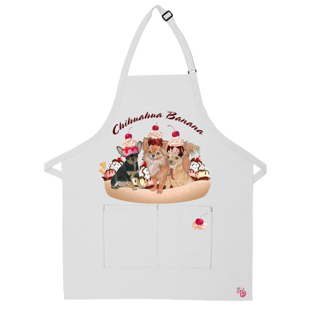 Chihuahua Banana Split Apron Two Pocket Bib Apron with Adj Neck - Pipsqueakproductions