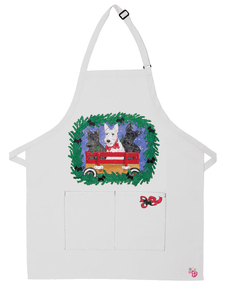 Scottish Terrier Scottie Dog Christmas Apron Two Pocket Bib Apron with Adj Neck - Pipsqueakproductions