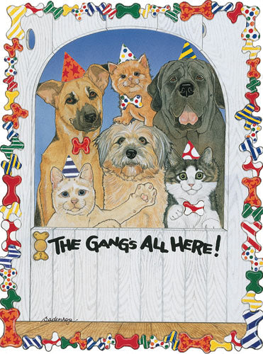 Dogs with Cats The Gang's All Here Birthday Card 5 x 7 with Envelope - Pipsqueakproductions