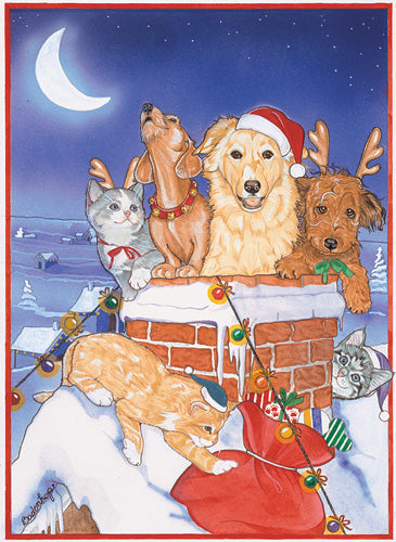 Dog with Cat Group Chim Chimney Christmas Cards Set of 10 cards & 10 envelopes - Pipsqueakproductions