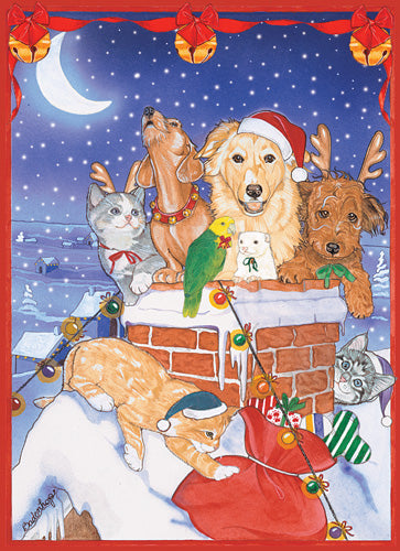 Dog, Cat with other Pet Sitters Chim Chimney Christmas Cards Set of 10 cards & 10 envelopes - Pipsqueakproductions
