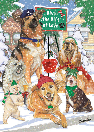 Dog with Cat Group Gift of Love Christmas Cards Set of 10 cards & 10 envelopes - Pipsqueakproductions