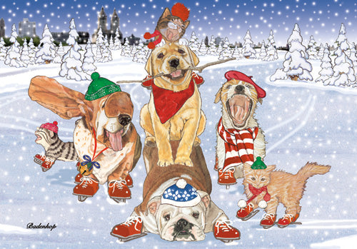Dog with Cat Group Holiday on Ice Christmas Cards Set of 10 cards & 10 envelopes - Pipsqueakproductions
