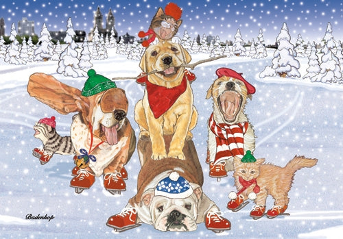 Dog and Cat Group Holiday on Ice Christmas Card 5 x 7 with Envelope - Pipsqueakproductions