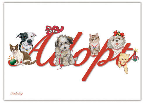 Dog with Cat Group Adopt Christmas Cards Set of 10 cards & 10 envelopes - Pipsqueakproductions