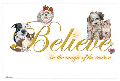 Dog with Cat Group Believe Christmas Cards Set of 10 cards & 10 envelopes - Pipsqueakproductions