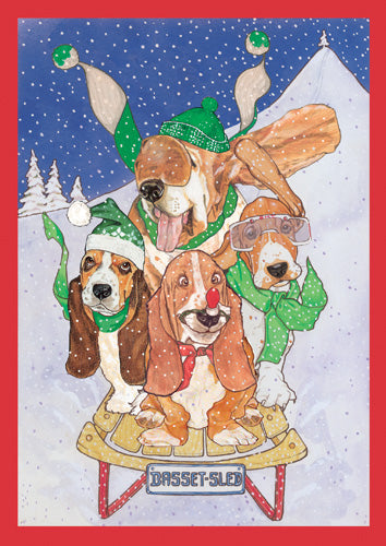 Basset Hound Sleigh Ride Christmas Cards Set of 10 cards & 10 envelopes