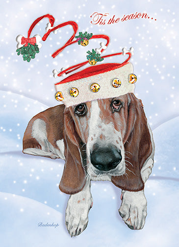 Basset Hound Bells Christmas Cards Set of 10 cards & 10 envelopes