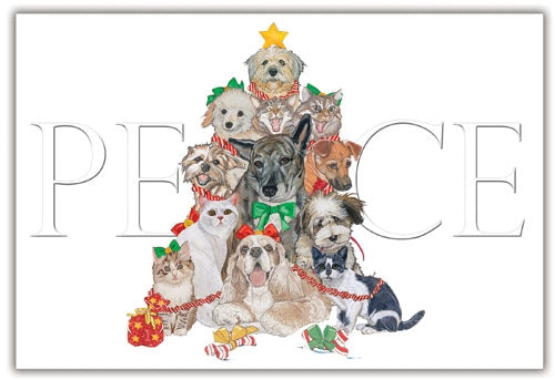 Dog with Cat Group Critter Peace Tree Christmas Card 5 x 7 with Envelope - Pipsqueakproductions