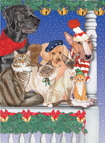 Dog with Cat Group Holiday Cheer Christmas Cards Set of 10 cards & 10 envelopes - Pipsqueakproductions