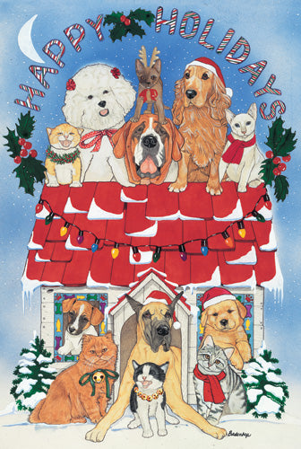 Dog with Cat group Holiday House Christmas Cards Set of 10 cars & 10 envelopes - Pipsqueakproductions