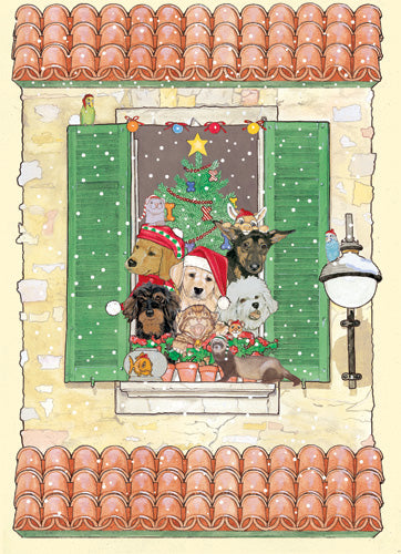 Dog, Cat with other Pet Groups Waiting for Santa Christmas Cards Set of 10 cards & 10 envelopes - Pipsqueakproductions