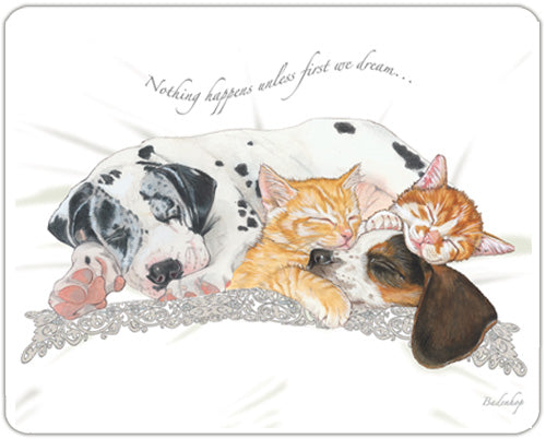 Dog with Kitties Dream Team Cutting Board Tempered Glass, Pet Placemat, 11.5" x 15.5" - Pipsqueakproductions