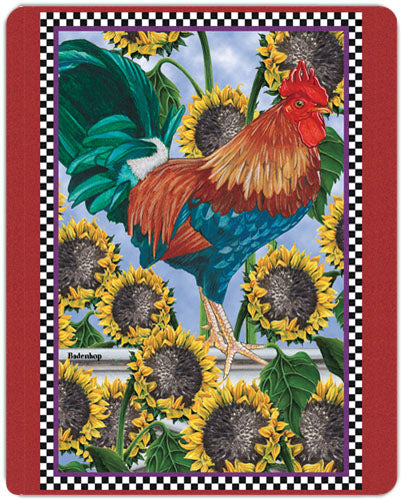 Rooster Under the Tuscan Sunflowers Cutting Board Tempered Glass, Pet Placemat, 11.5" X 15.5" - Pipsqueakproductions