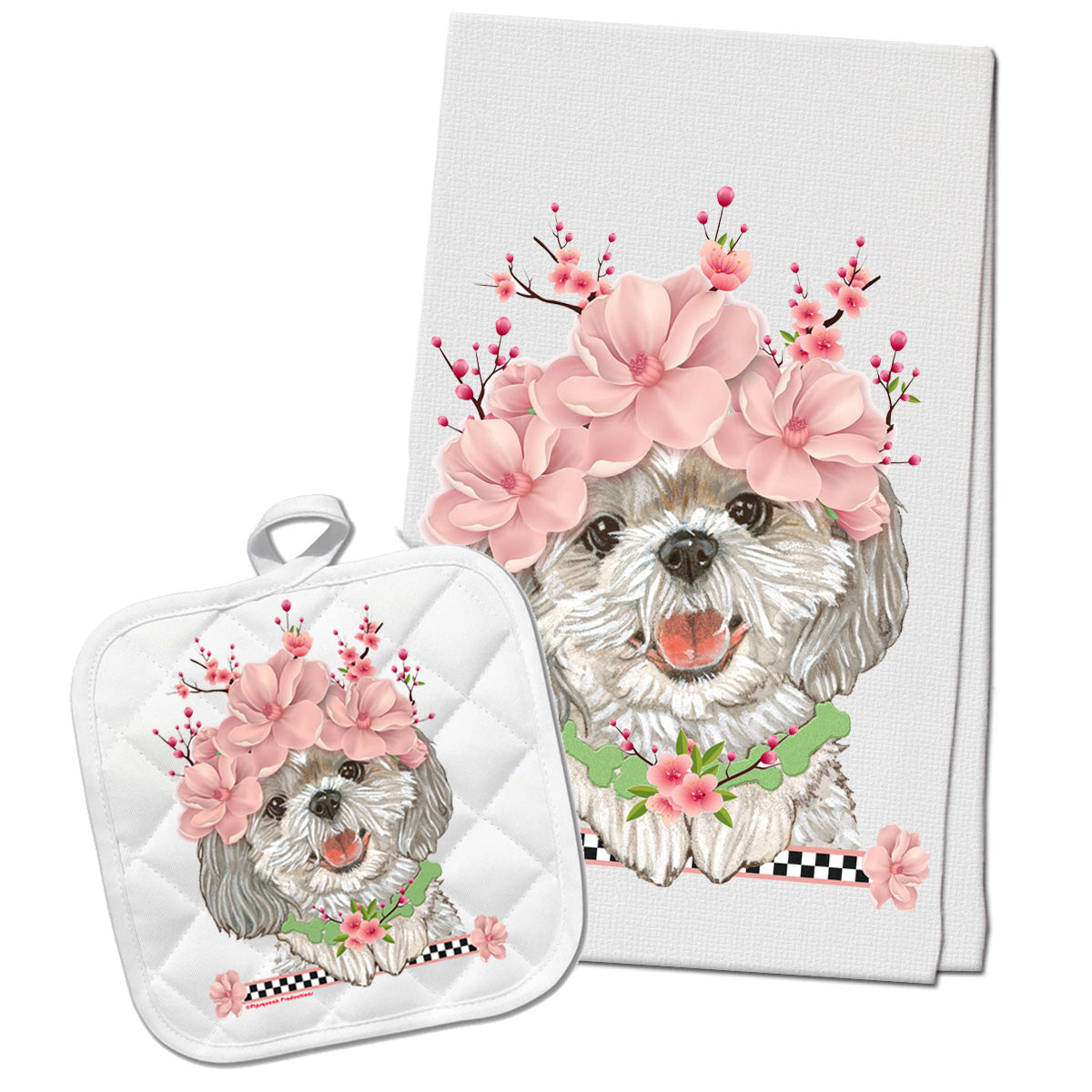 Shih Tzu Floral Kitchen Dish Towel and Pot Holder Gift Set - Pipsqueakproductions