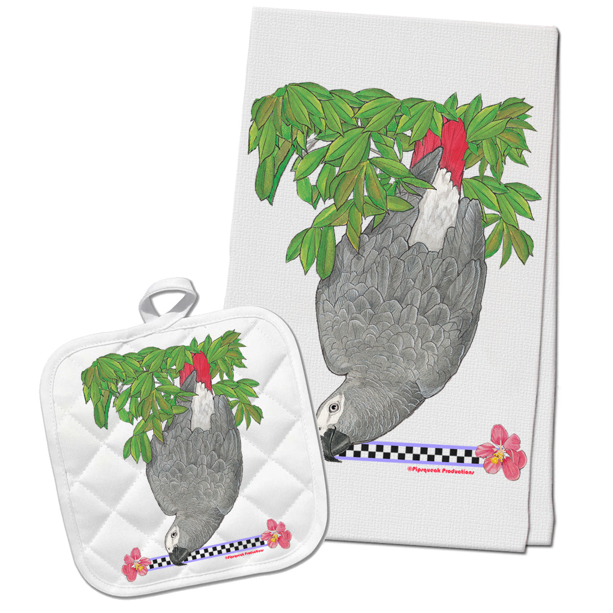 African Grey Parrot Floral Kitchen Dish Towel and Pot Holder Gift Set