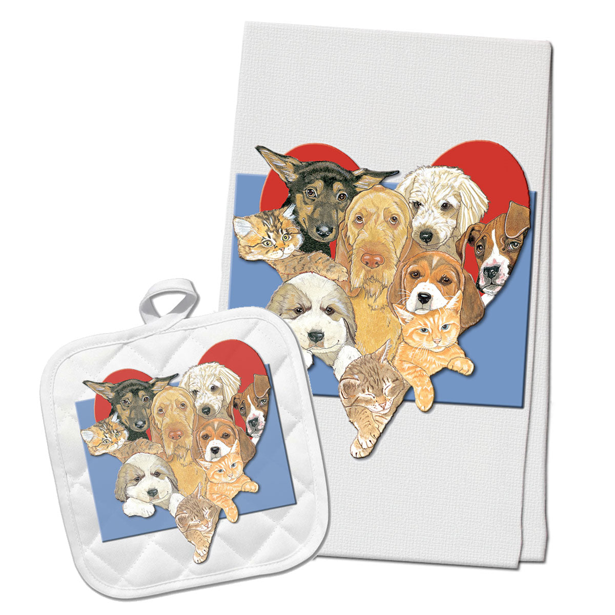 Dogs and Cats Kitchen Dish Towel and Pot Holder Gift Set - Pipsqueakproductions