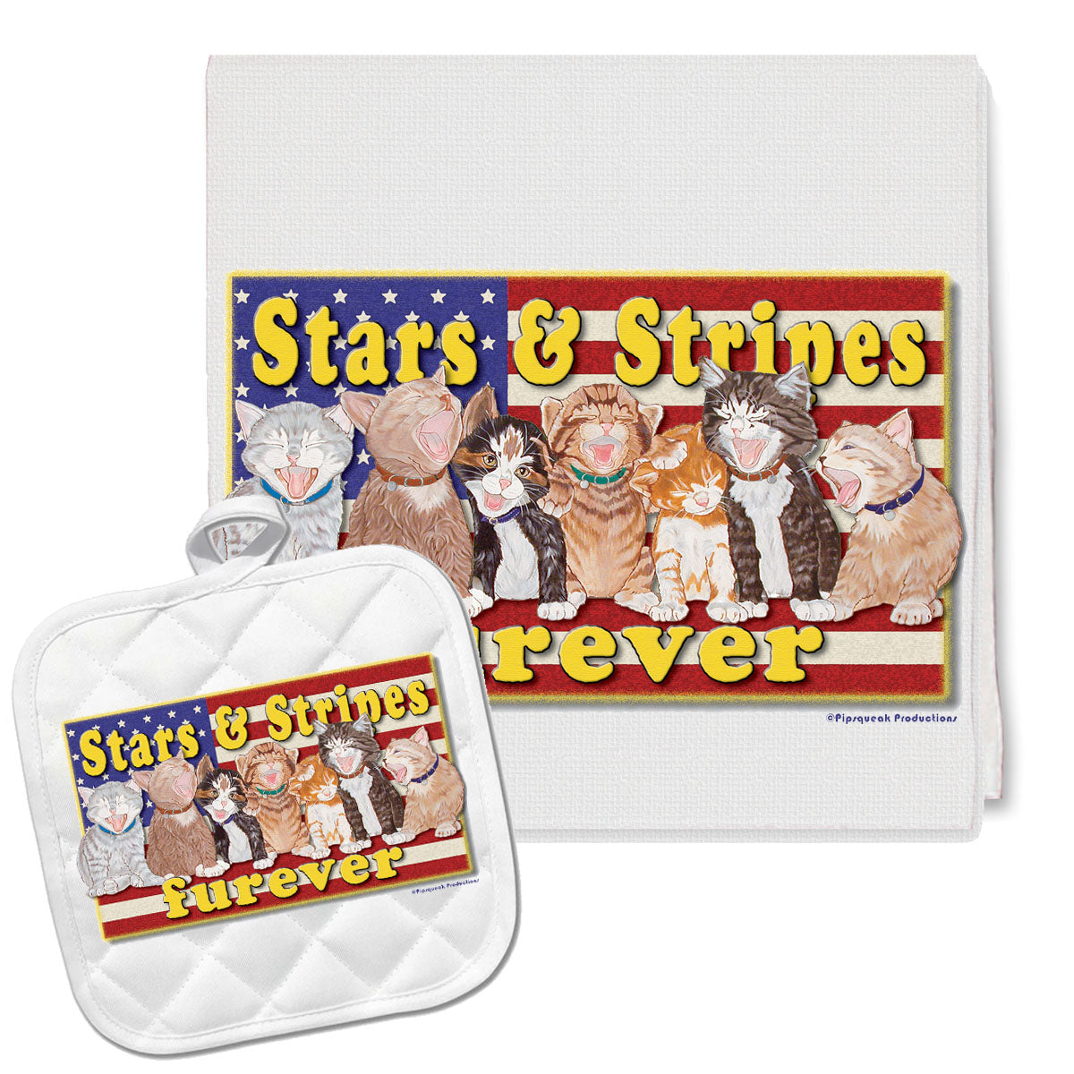 Cats Patriotic Kitchen Dish Towel and Pot Holder Gift Set - Pipsqueakproductions