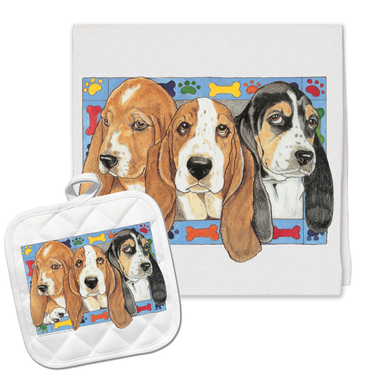 Basset Hound Kitchen Dish Towel and Pot Holder Gift Set - Pipsqueakproductions