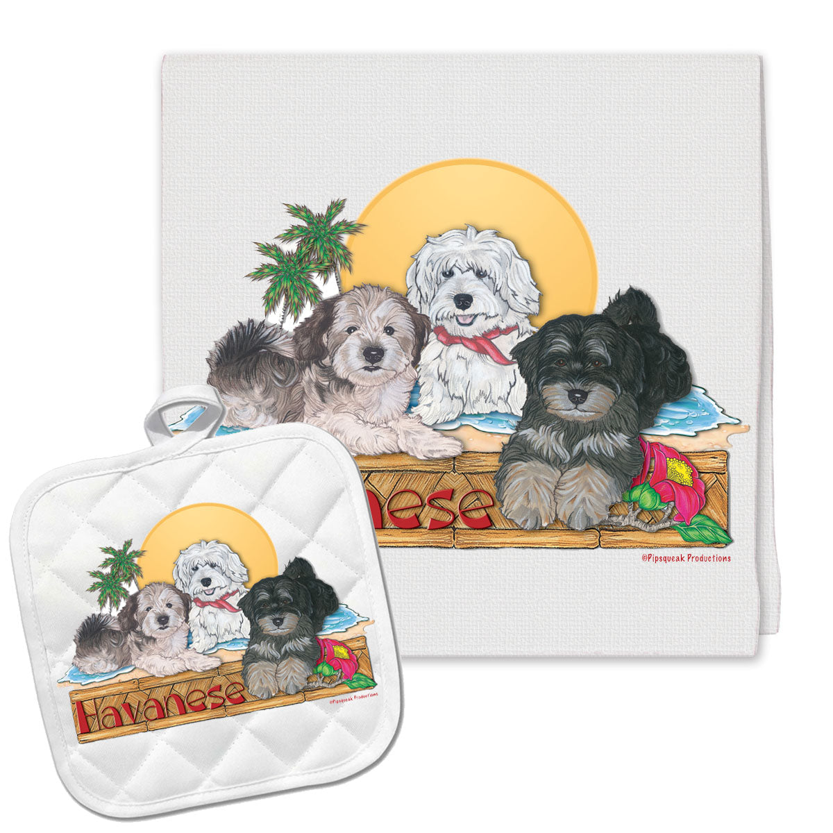 Havanese Kitchen Dish Towel and Pot Holder Gift Set - Pipsqueakproductions