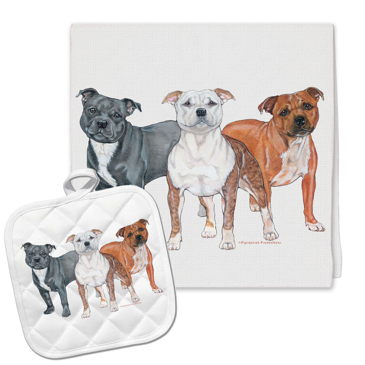 Staffordshire Bull Terrier Kitchen Dish Towel and Pot Holder Gift Set - Pipsqueakproductions