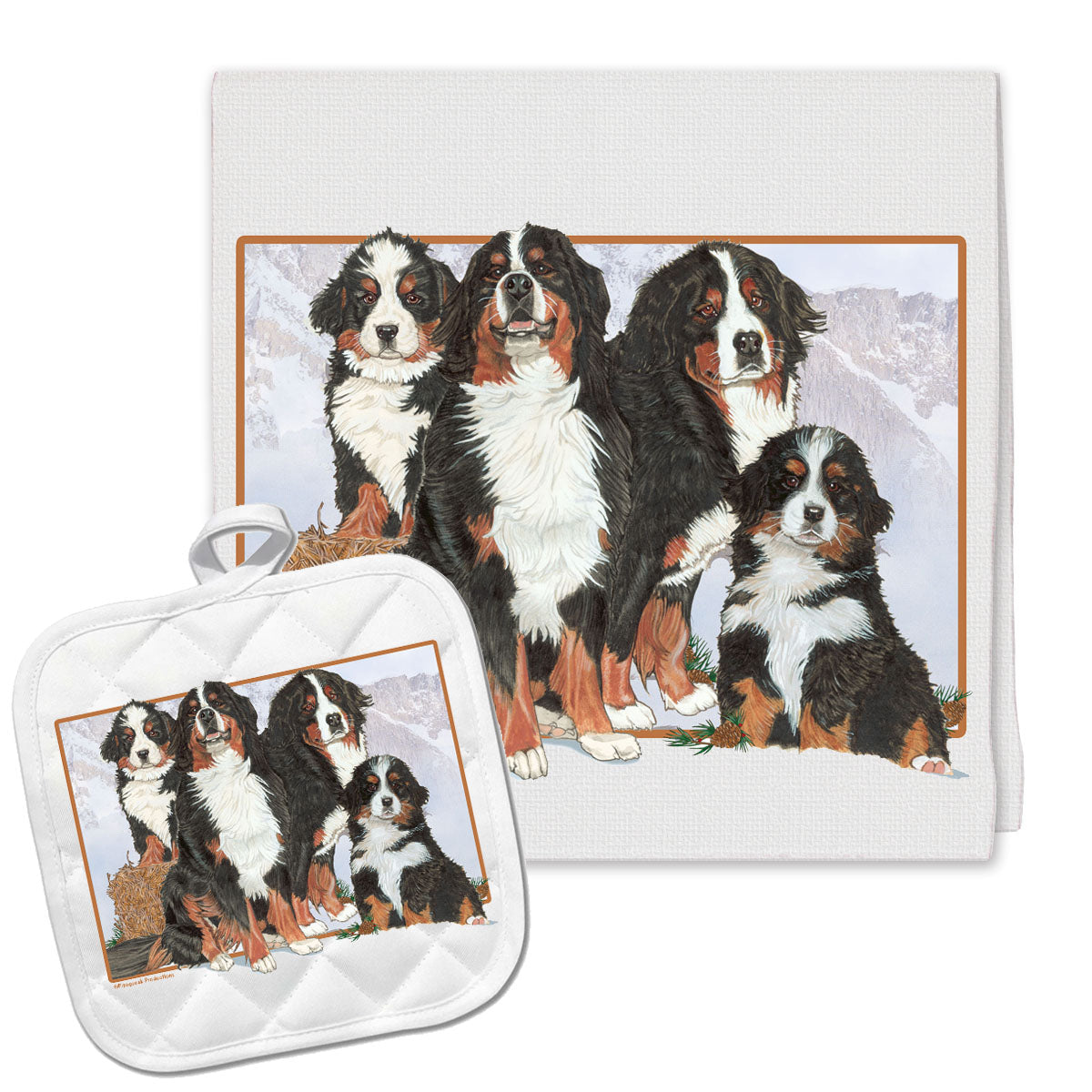 Bernese Mountain Dog Kitchen Dish Towel and Pot Holder Gift Set - Pipsqueakproductions