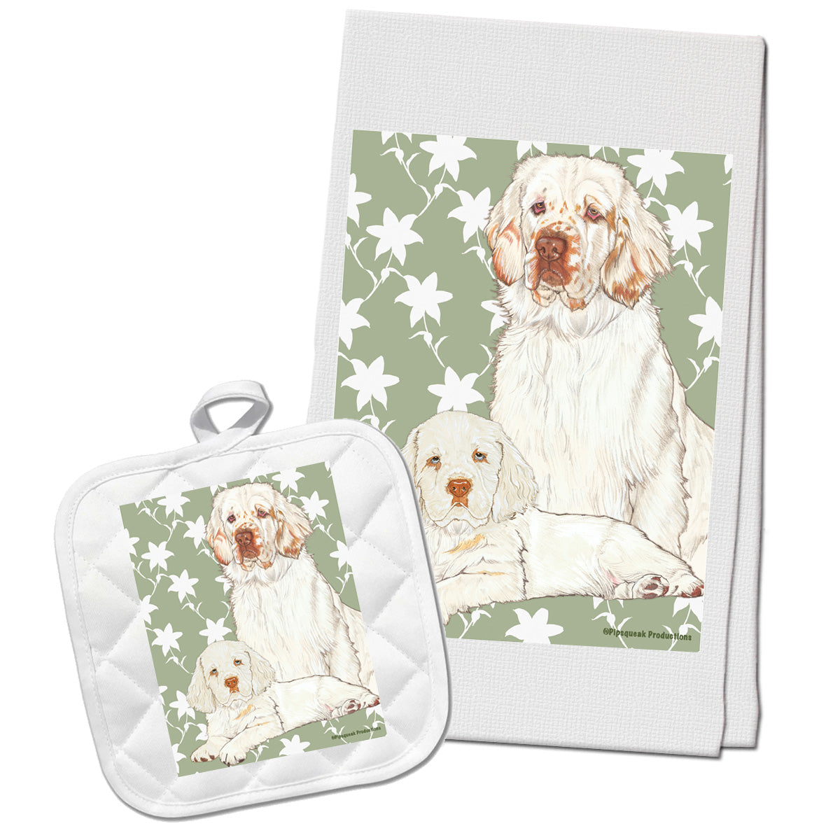 Clumber Spaniel Kitchen Dish Towel and Pot Holder Gift Set - Pipsqueakproductions