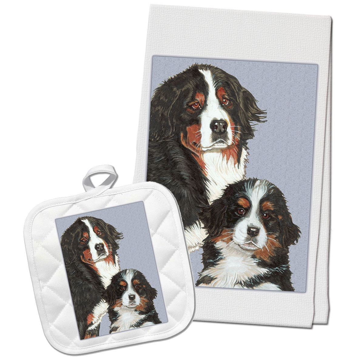 Bernese Mountain Dog Kitchen Dish Towel and Pot Holder Gift Set - Pipsqueakproductions