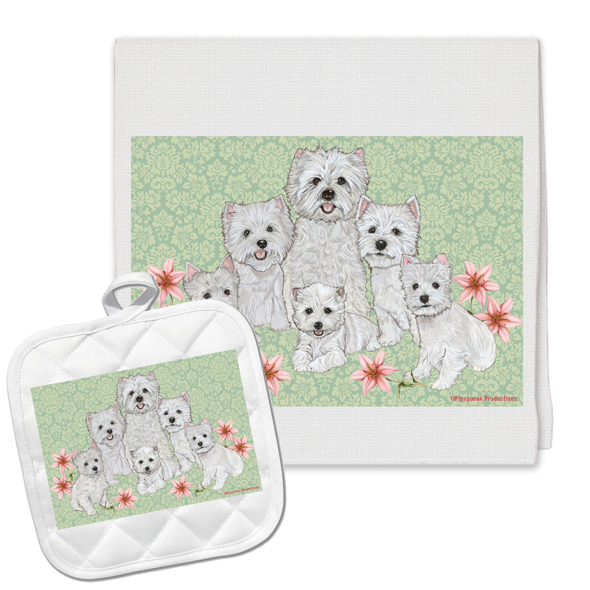 West Highland Terrier Westie Kitchen Dish Towel and Pot Holder Gift Set - Pipsqueakproductions