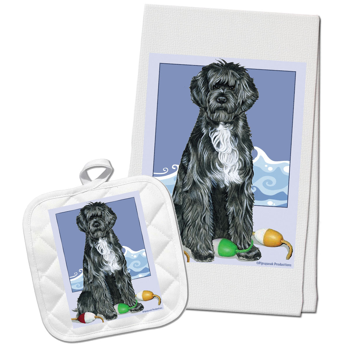 Portuguese Water Dog Kitchen Dish Towel and Pot Holder Gift Set - Pipsqueakproductions