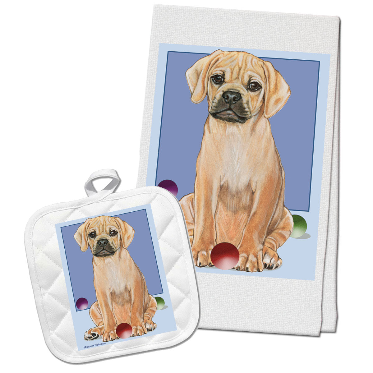 Puggle Kitchen Dish Towel and Pot Holder Gift Set - Pipsqueakproductions