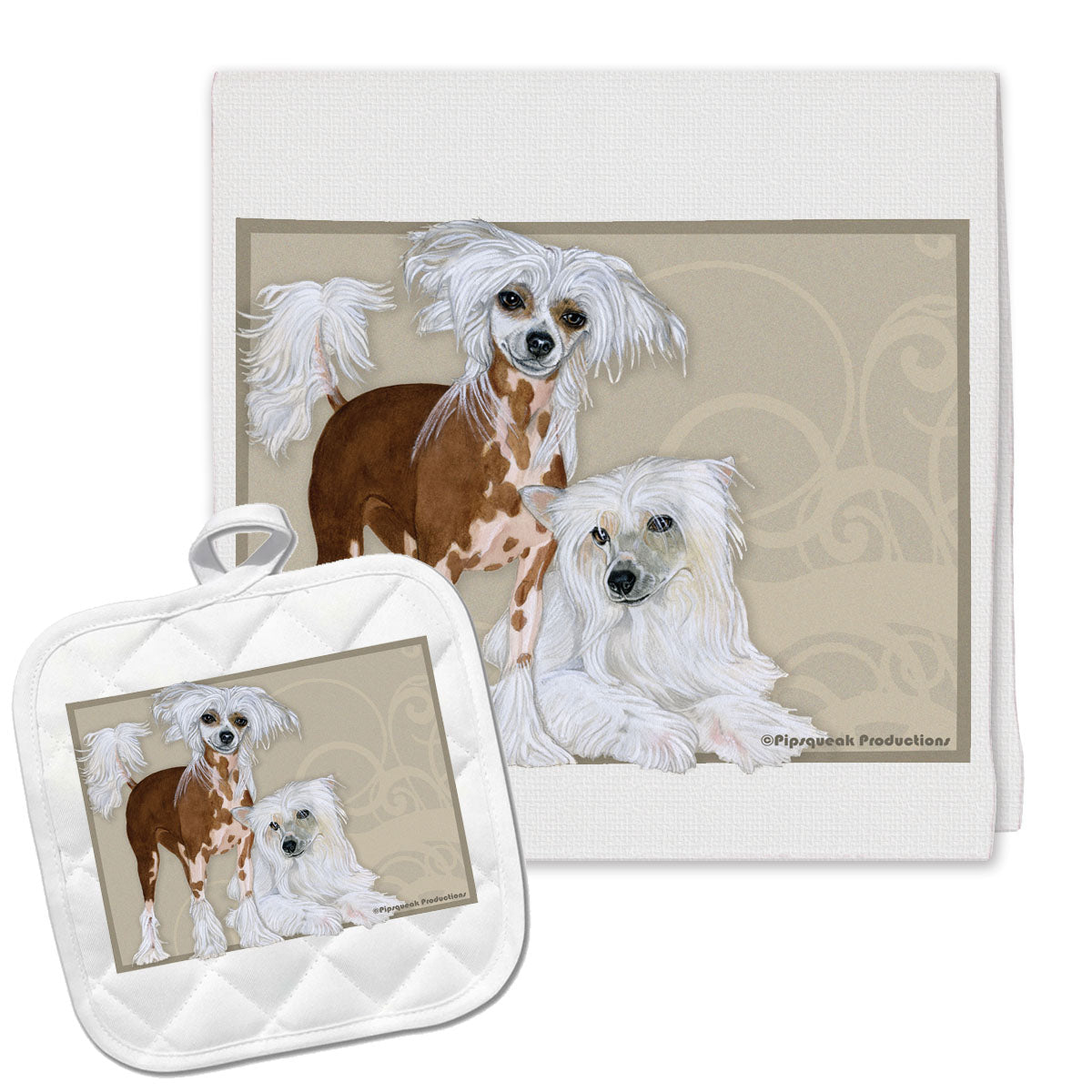 Chinese Crested Kitchen Dish Towel and Pot Holder Gift Set - Pipsqueakproductions