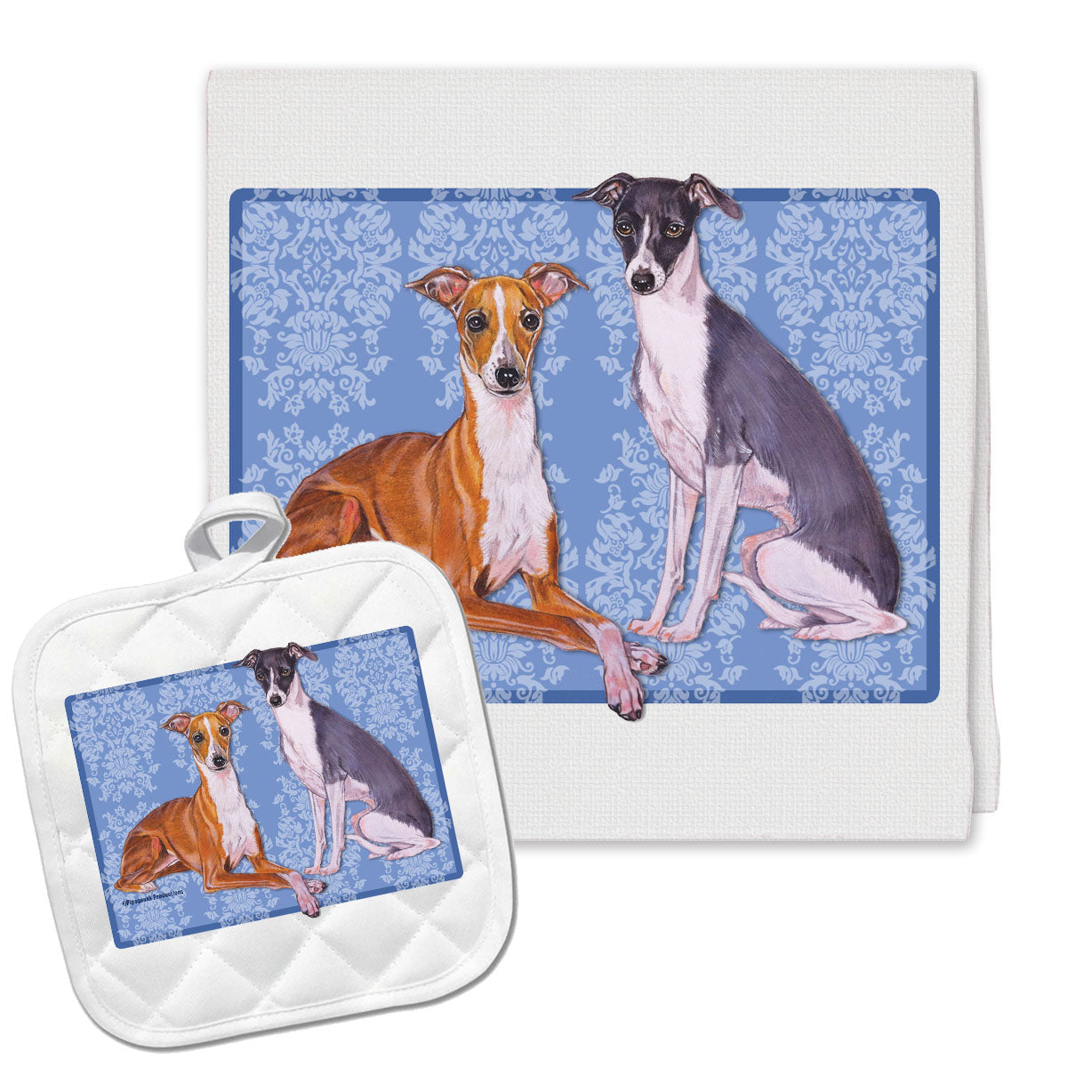 Italian Greyhound Kitchen Dish Towel and Pot Holder Gift Set - Pipsqueakproductions