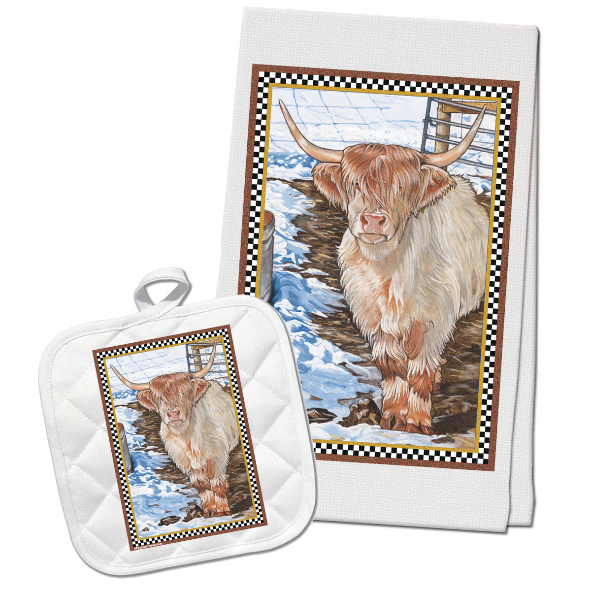 Cow Scottish Highland Cow Kitchen Dish Towel and Pot Holder Gift Set - Pipsqueakproductions