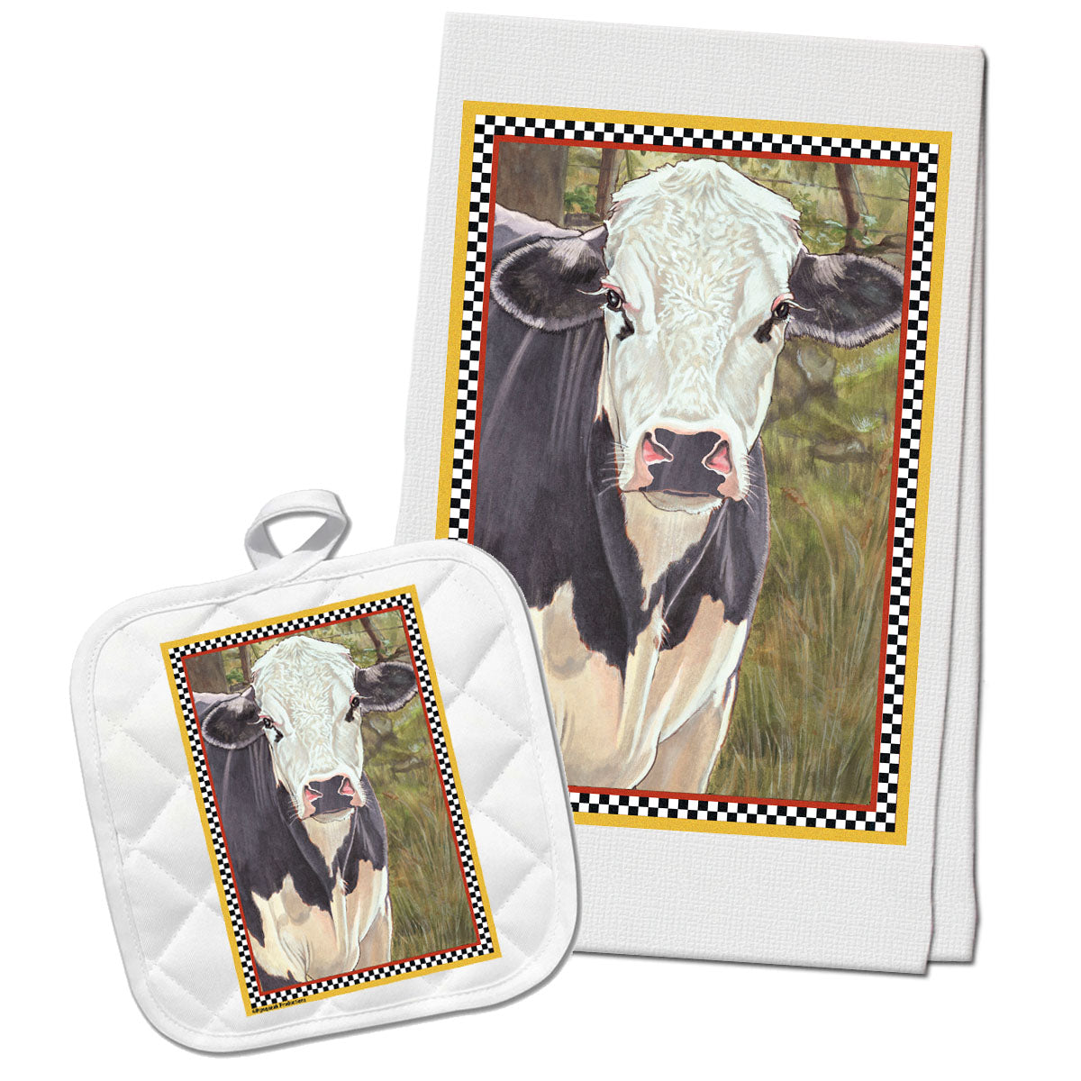 Cow Black and White Holstein Cow Dish Towel and Pot Holder Set - Pipsqueakproductions