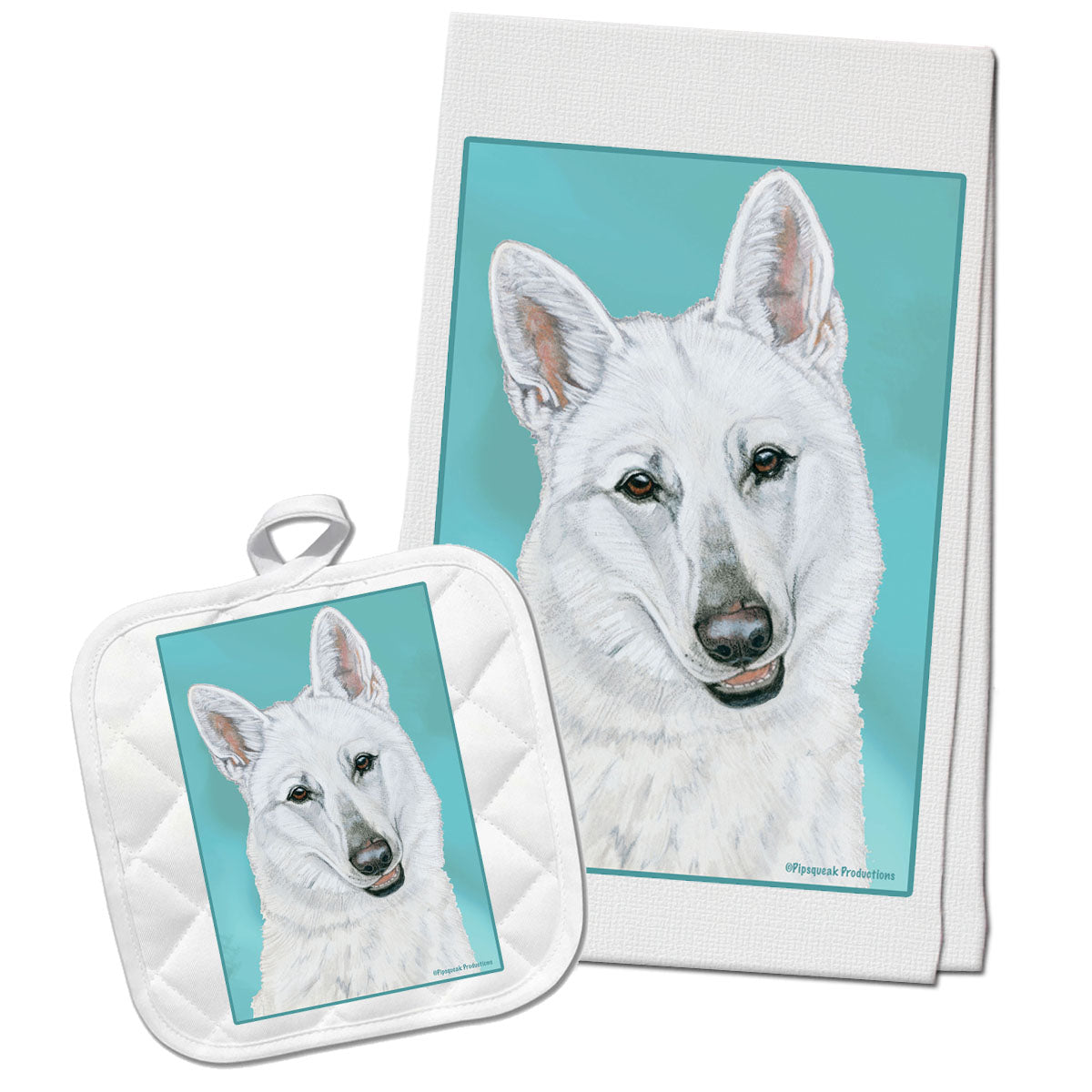 White Shepherd Kitchen Dish Towel and Pot Holder Gift Set - Pipsqueakproductions