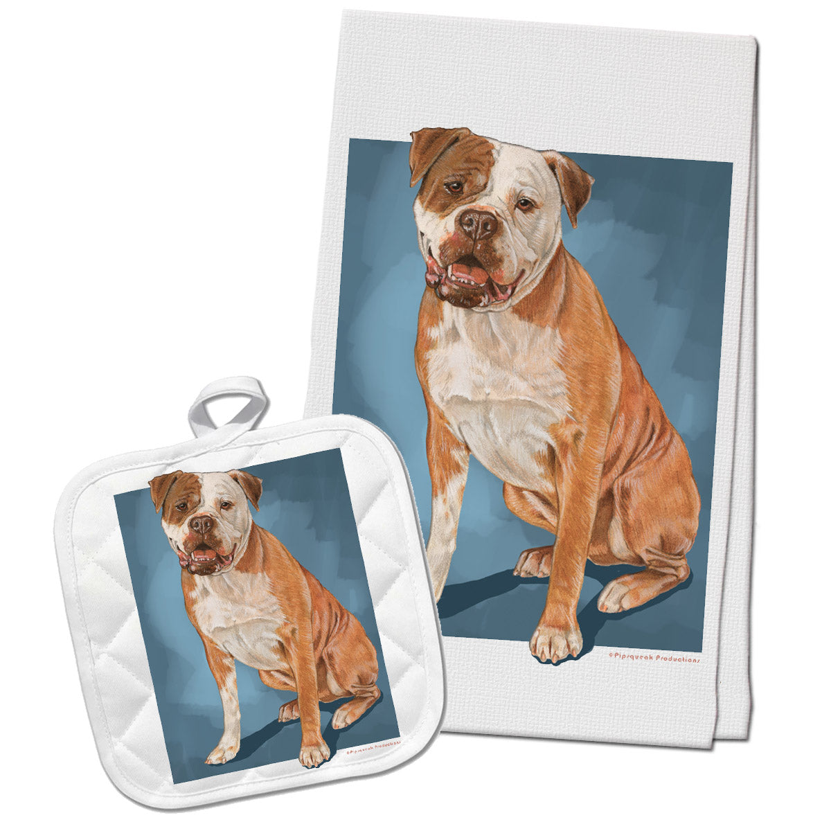 American Bulldog Kitchen Dish Towel and Pot Holder Gift Set - Pipsqueakproductions
