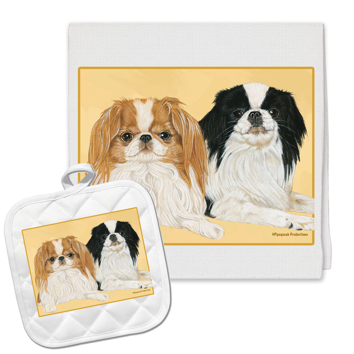Japanese Chin Kitchen Dish Towel and Pot Holder Gift Set - Pipsqueakproductions
