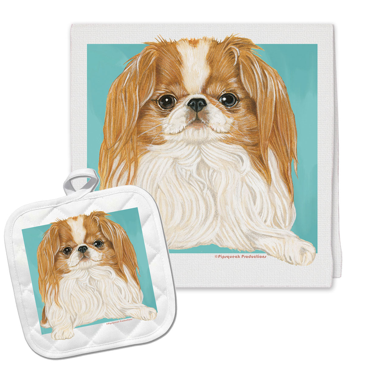 Japanese Chin Kitchen Dish Towel and Pot Holder Gift Set - Pipsqueakproductions