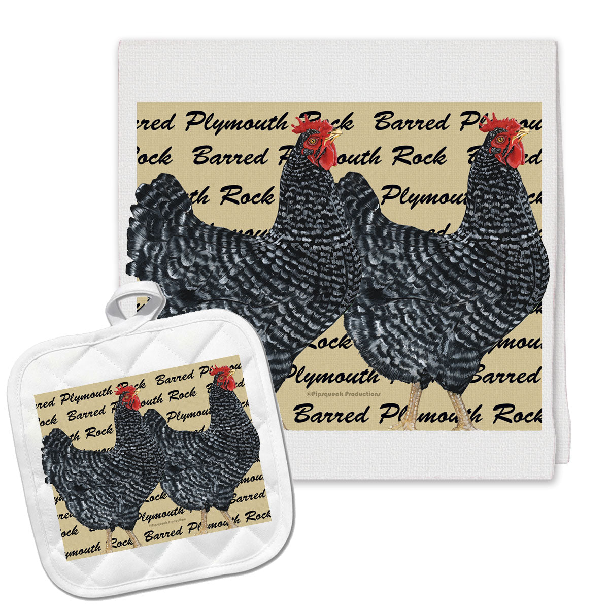 Chicken Barred Plymouth Rock Kitchen Dish Towel and Pot Holder Gift Set - Pipsqueakproductions