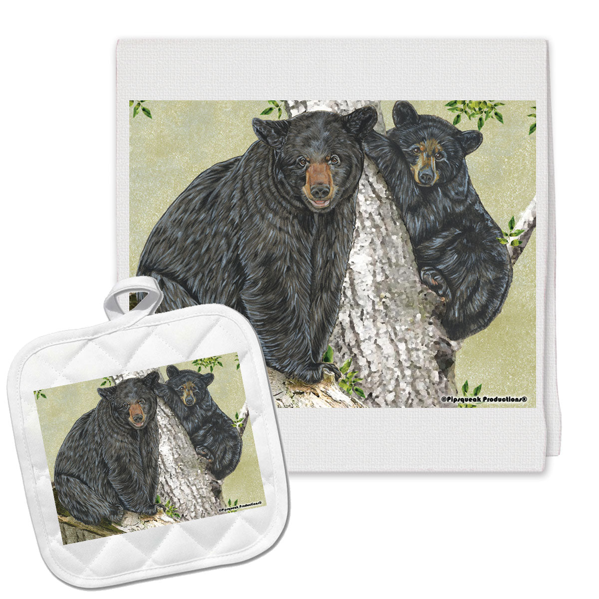 Black Bear Kitchen Dish Towel and Pot Holder Gift Set - Pipsqueakproductions