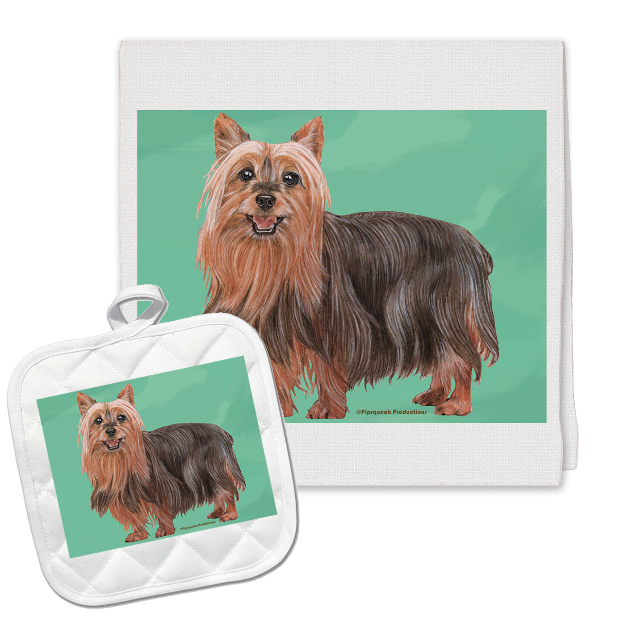 Silky Terrier Kitchen Dish Towel and Pot Holder Gift Set - Pipsqueakproductions