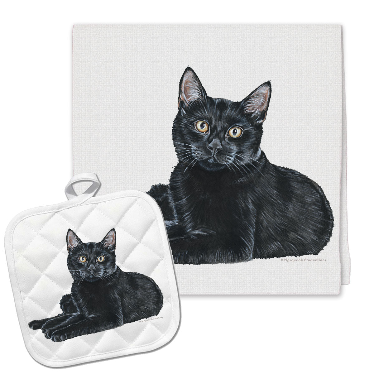 Black Cat Kitchen Dish Towel and Pot Holder Gift Set - Pipsqueakproductions