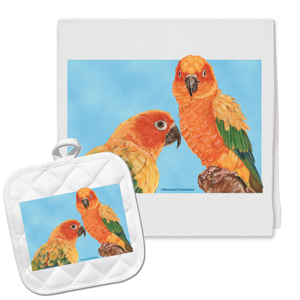 Sun Conure Parrot Kitchen Dish Towel and Pot Holder Gift Set - Pipsqueakproductions