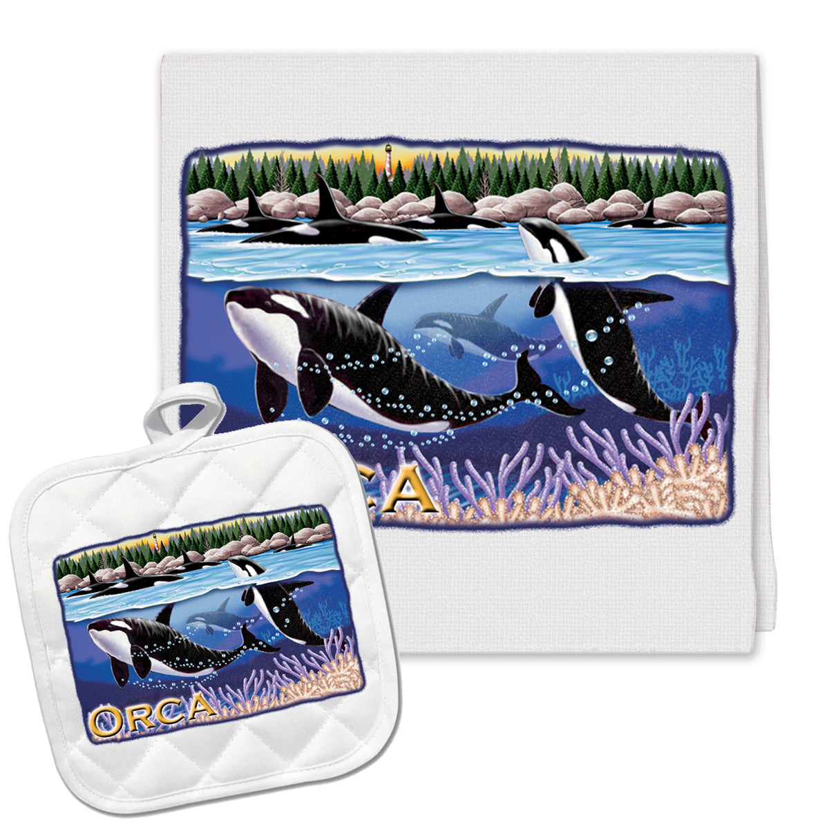Orca Whale Kitchen Dish Towel and Pot Holder Gift Set - Pipsqueakproductions